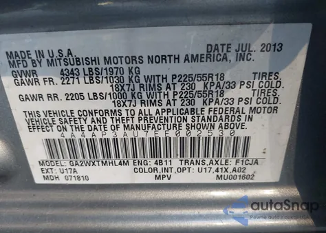 2014 Mitsubishi Outlander Sport Es from USA, damaged, VIN 4A4AP3AU7EE002530